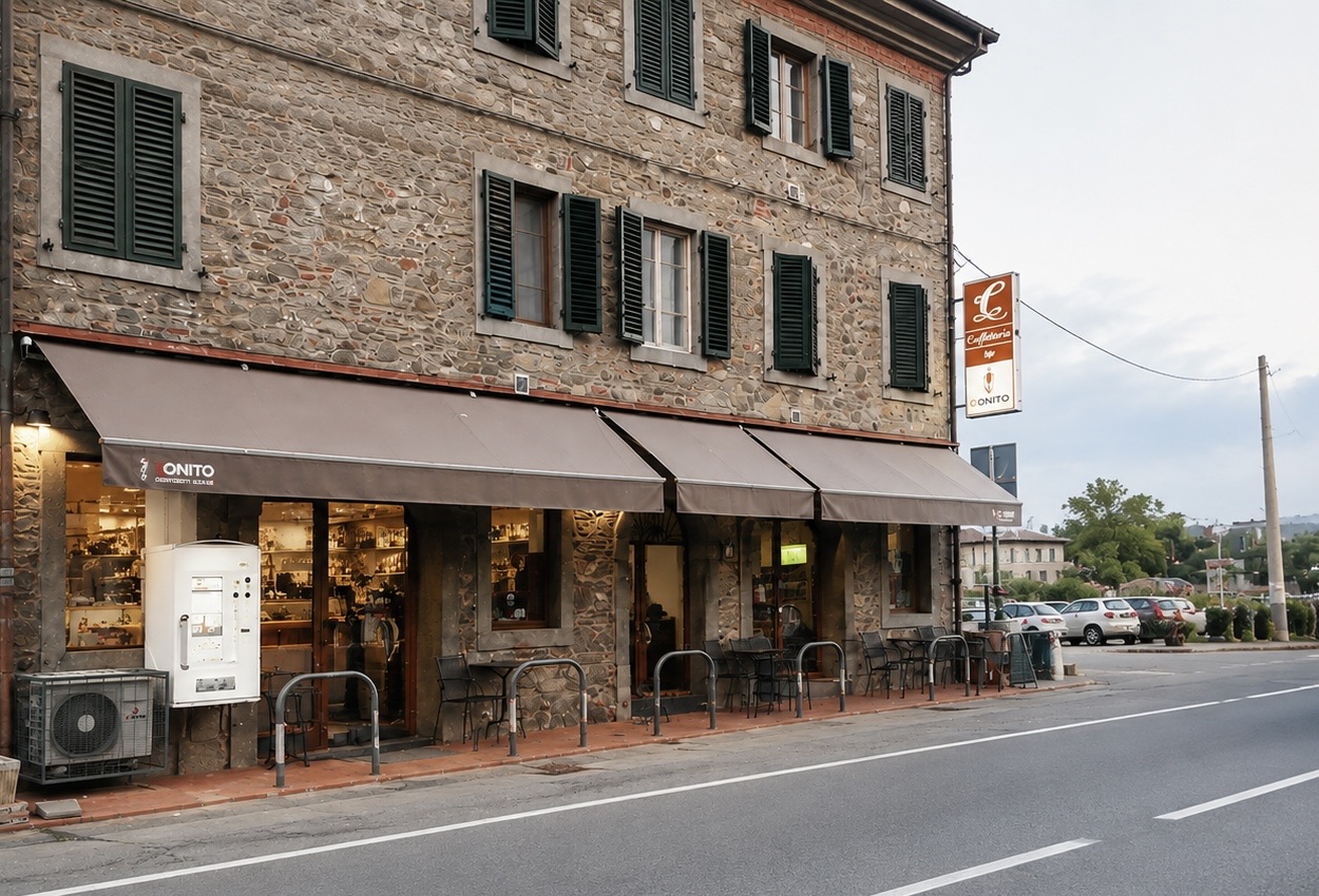 La facciata del bar tabaccheria Caffellatte in Via Pesciatina a Capannori, con le tende da sole e l'insegna
